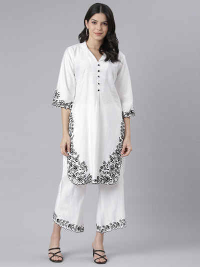 Neeru's White Regular Straight Floral Kurta And Palazzos