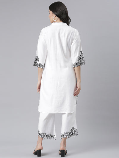 Neeru's White Regular Straight Floral Kurta And Palazzos