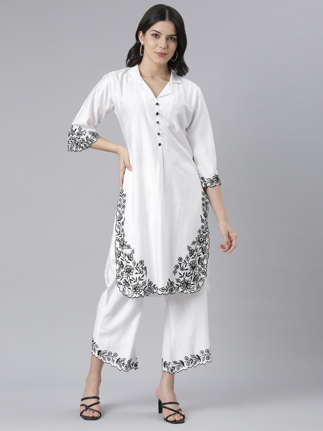 Neerus White floral printed kurta set - detail view 2