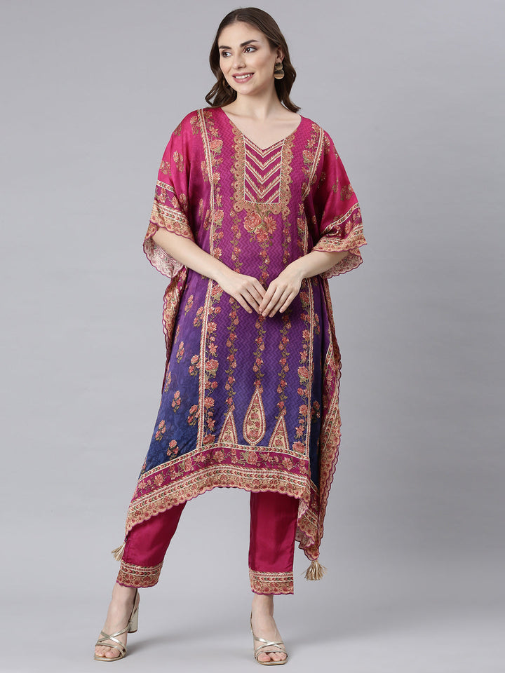 Neerus Multi Panelled Flared Floral Kurta And Trousers