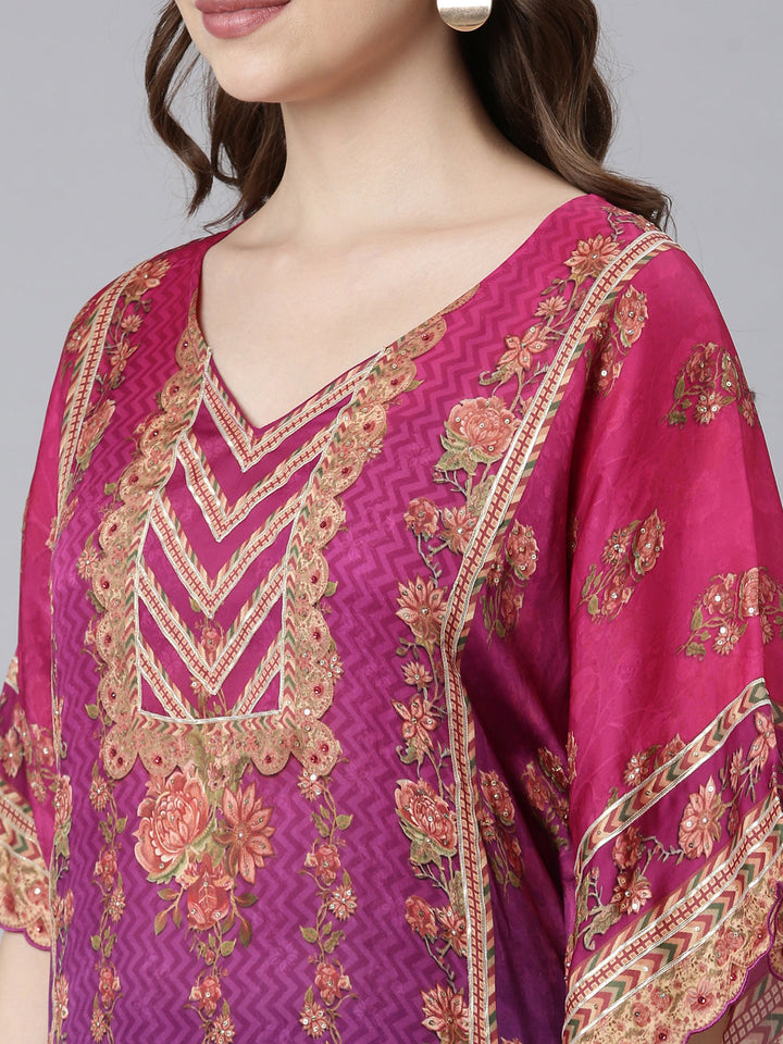 Neerus Multi Panelled Flared Floral Kurta And Trousers