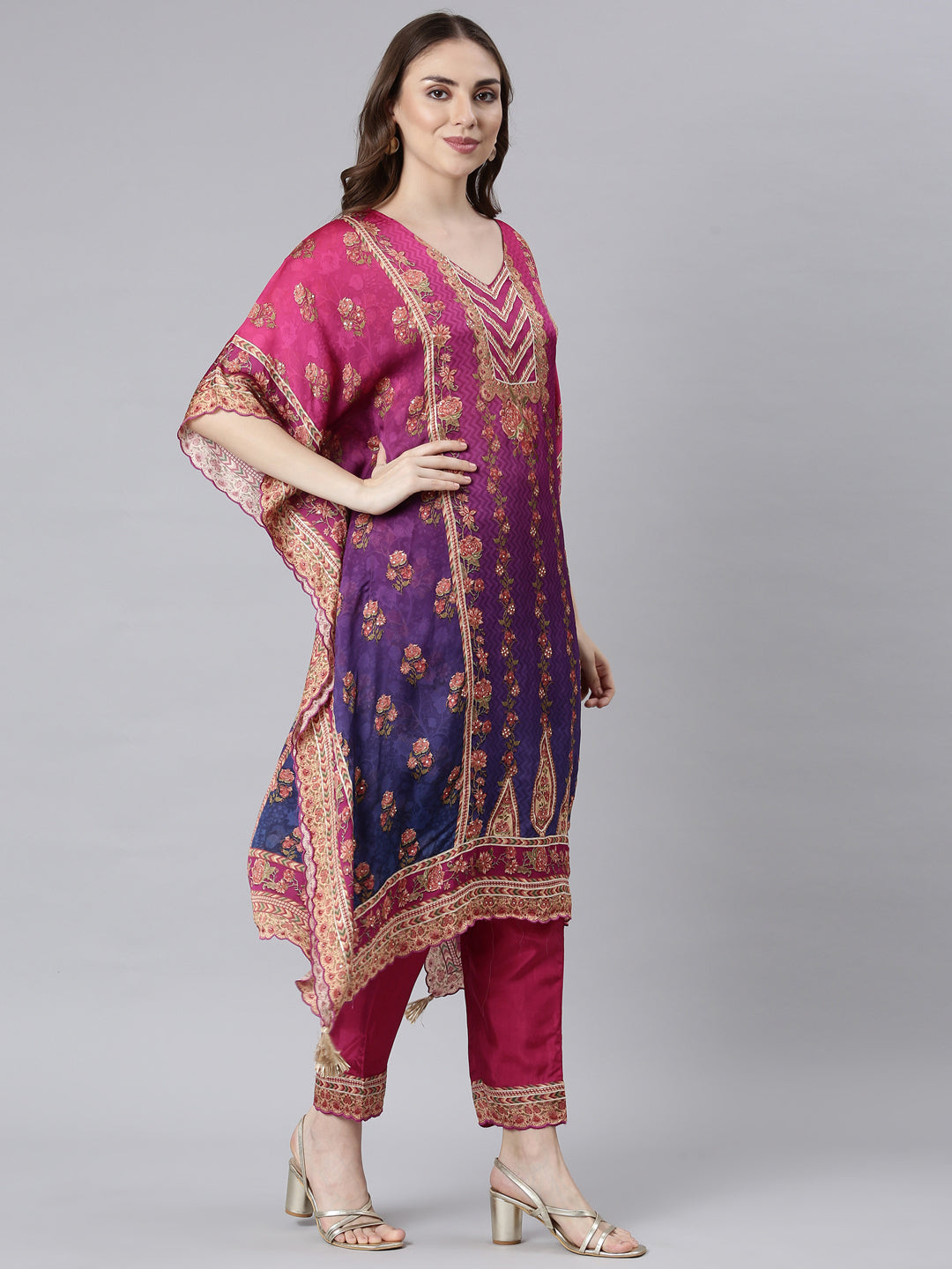 Neerus Multicolor Panelled Flared Floral Kurta And Trousers