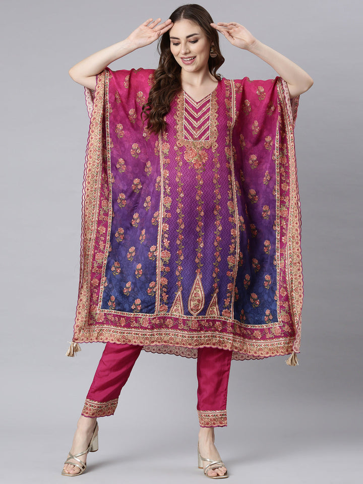 Neerus Multi Panelled Flared Floral Kurta And Trousers