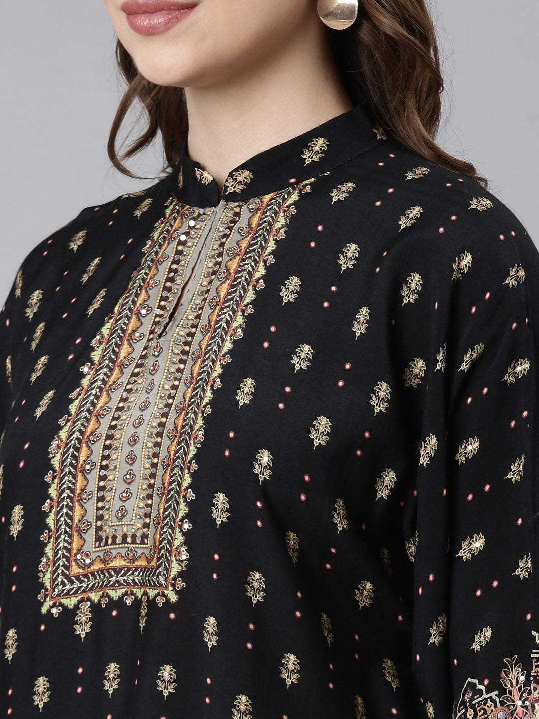 Neerus Black Panelled Straight Floral Kurta And Palazzos