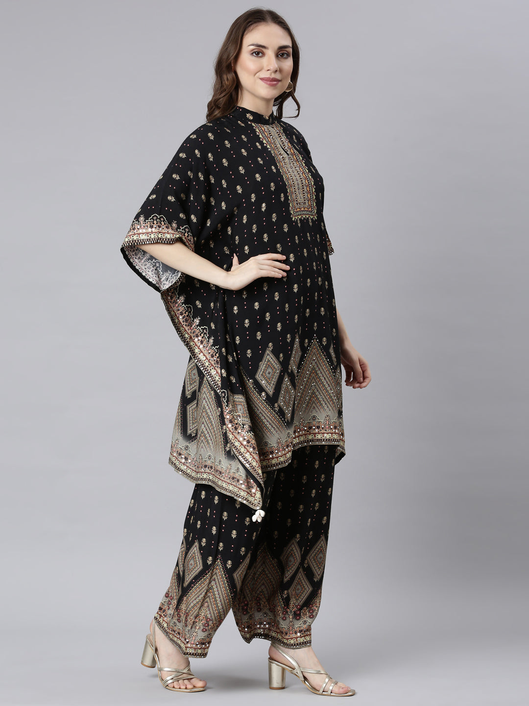 Neerus Black Panelled Straight Floral Kurta And Palazzos