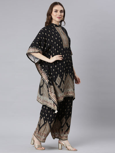 Neerus Black Panelled Straight Floral Kurta And Palazzos