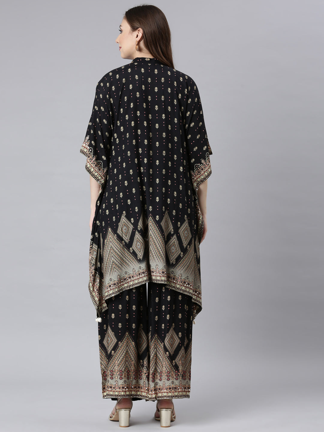 Neerus Black Panelled Straight Floral Kurta And Palazzos