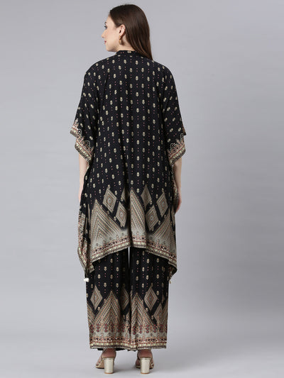 Neerus Black Panelled Straight Floral Kurta And Palazzos