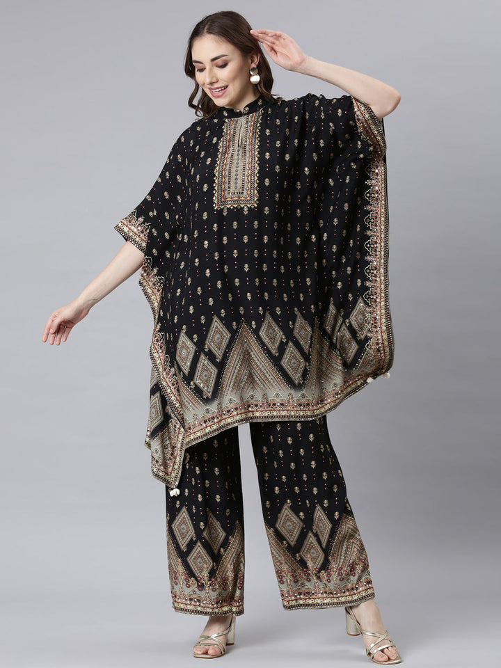 Neerus Black crepe printed kurta set with palazzo - detail view 2