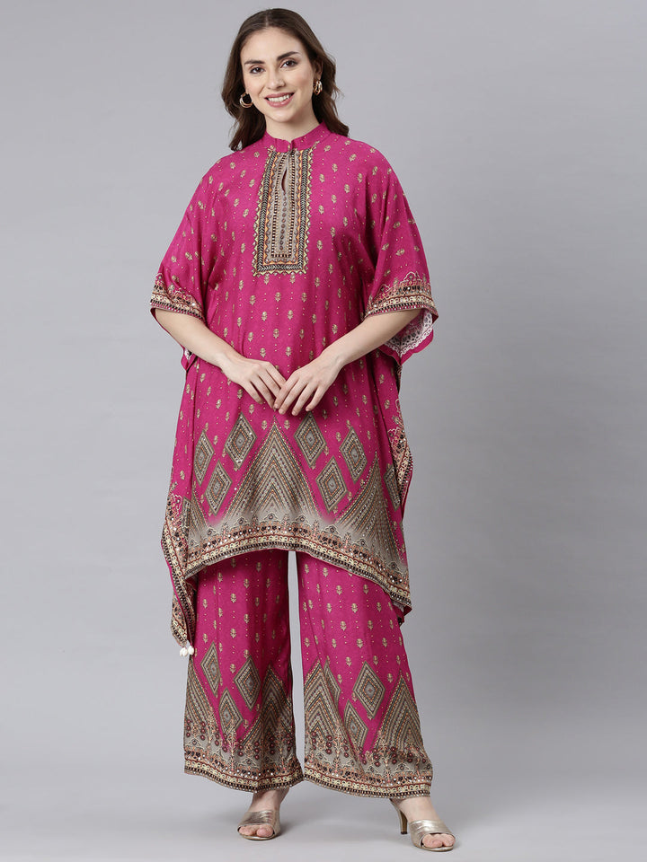 Neerus Pink crepe printed kurta set panelled with palazzo - front view