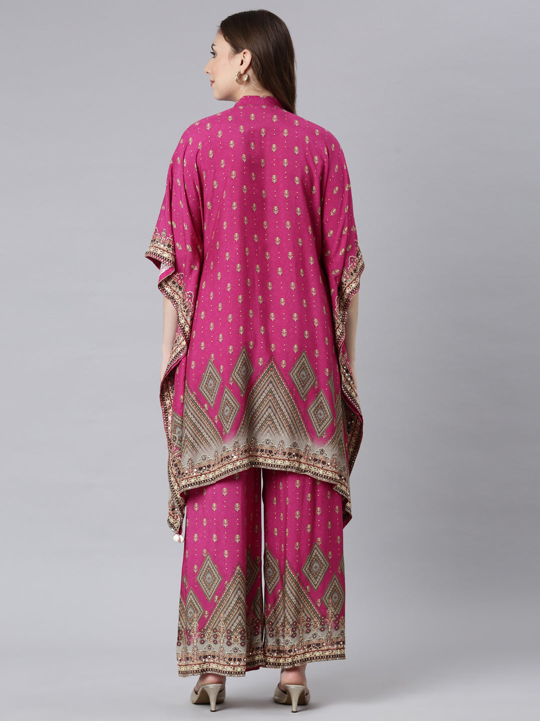 Neerus Pink crepe printed kurta set panelled with palazzo - detail view 1