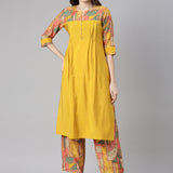 Neerus Mustard Solid Straight Kurta and Palazzos