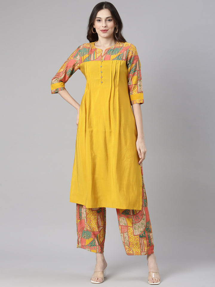 Neerus Mustard Solid Straight Kurta and Palazzos