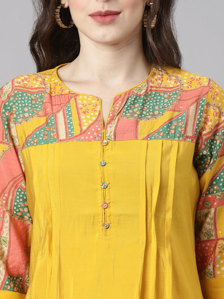Neerus Mustard Solid Straight Kurta and Palazzos