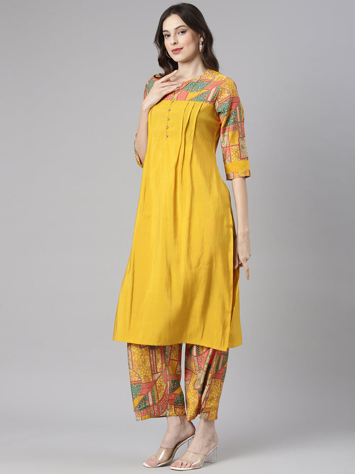 Neerus Mustard Solid Straight Kurta and Palazzos