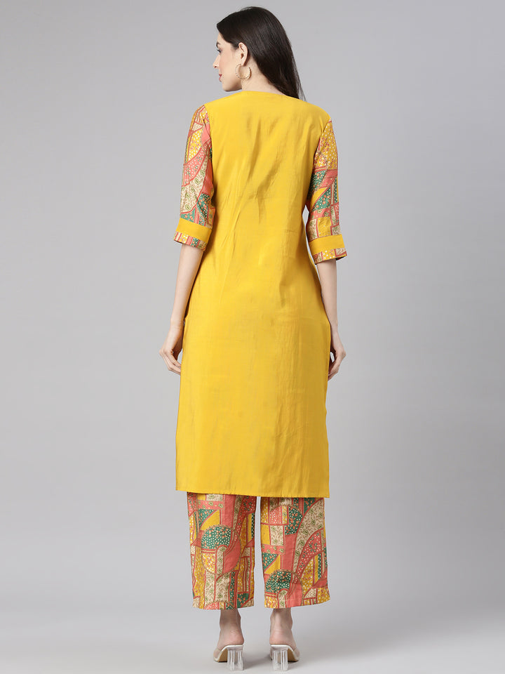 Neerus Mustard Solid Straight Kurta and Palazzos