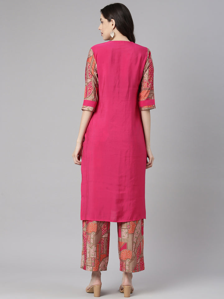 Neerus Pink Solid Straight Kurta and Palazzos