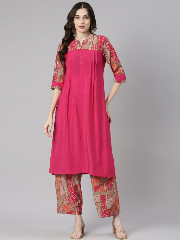 Neerus Pink Solid Straight Kurta and Palazzos