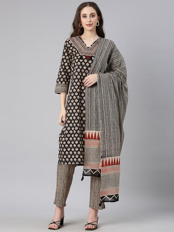 Neerus Black Printed Straight Kurta and Trousers With Dupatta
