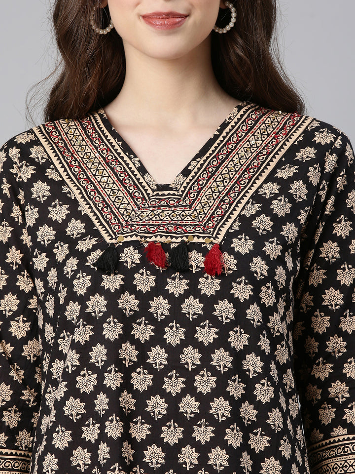 Neerus Black Printed Straight Kurta and Trousers With Dupatta