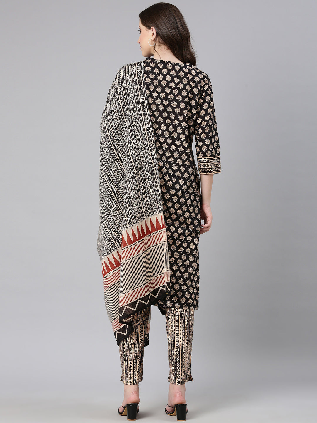 Neerus Black Printed Straight Kurta and Trousers With Dupatta