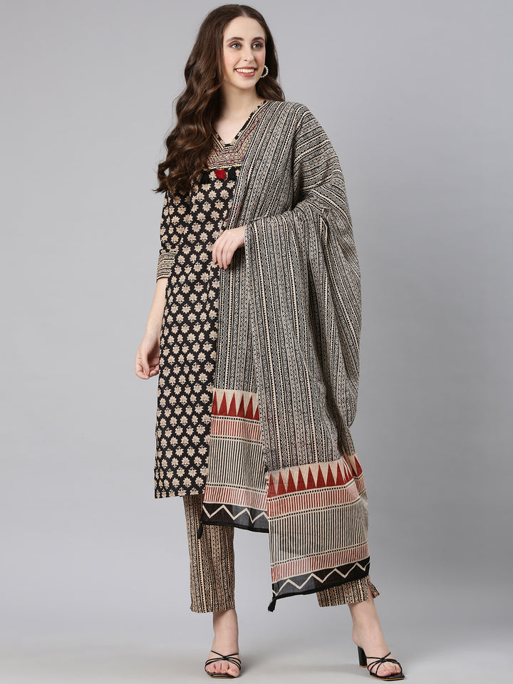 Neerus Black Printed Straight Kurta and Trousers With Dupatta