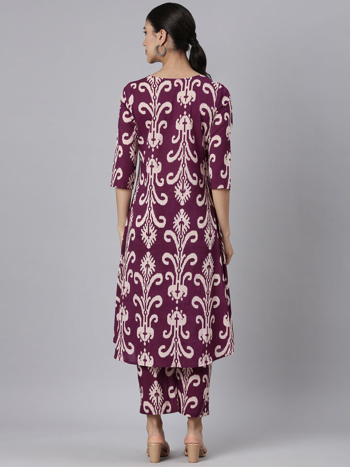 Neerus Purple Casual Printed Curved Kurta and Trousers