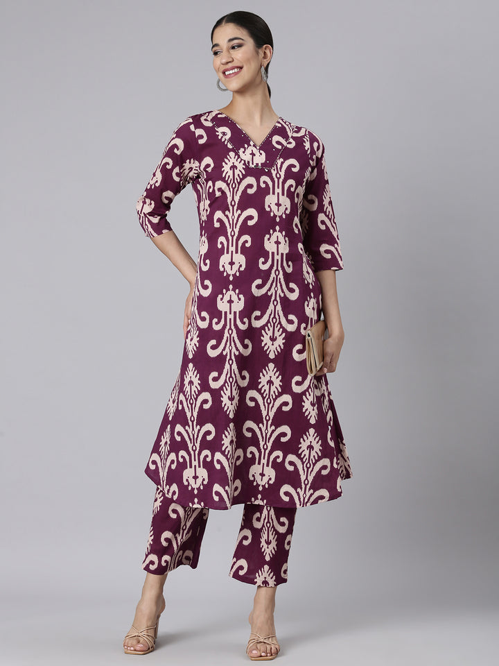 Neerus Purple Casual Printed Curved Kurta and Trousers