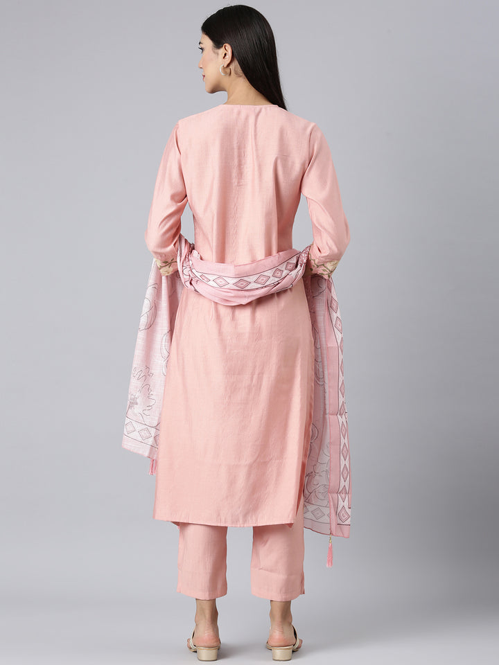 Neerus Peach Solid Straight Kurta and Trousers With Dupatta