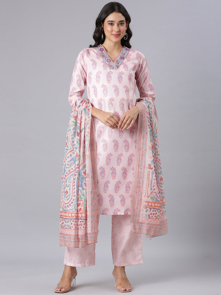 Neerus Peach Printed Straight Kurta And Trousers With Dupatta
