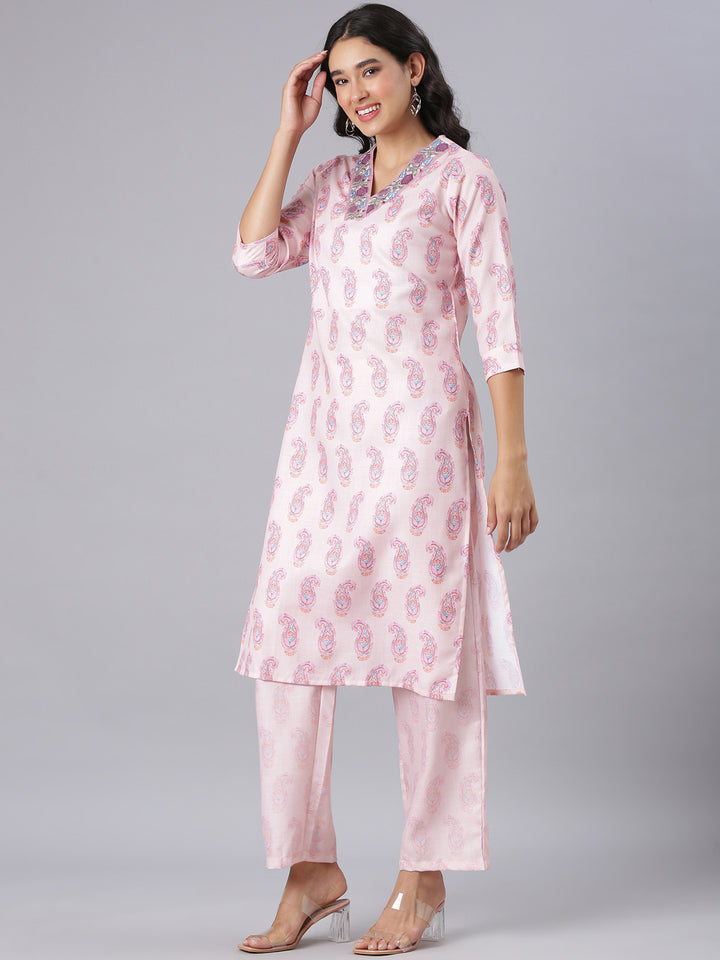 Neerus Peach Printed Straight Kurta And Trousers With Dupatta