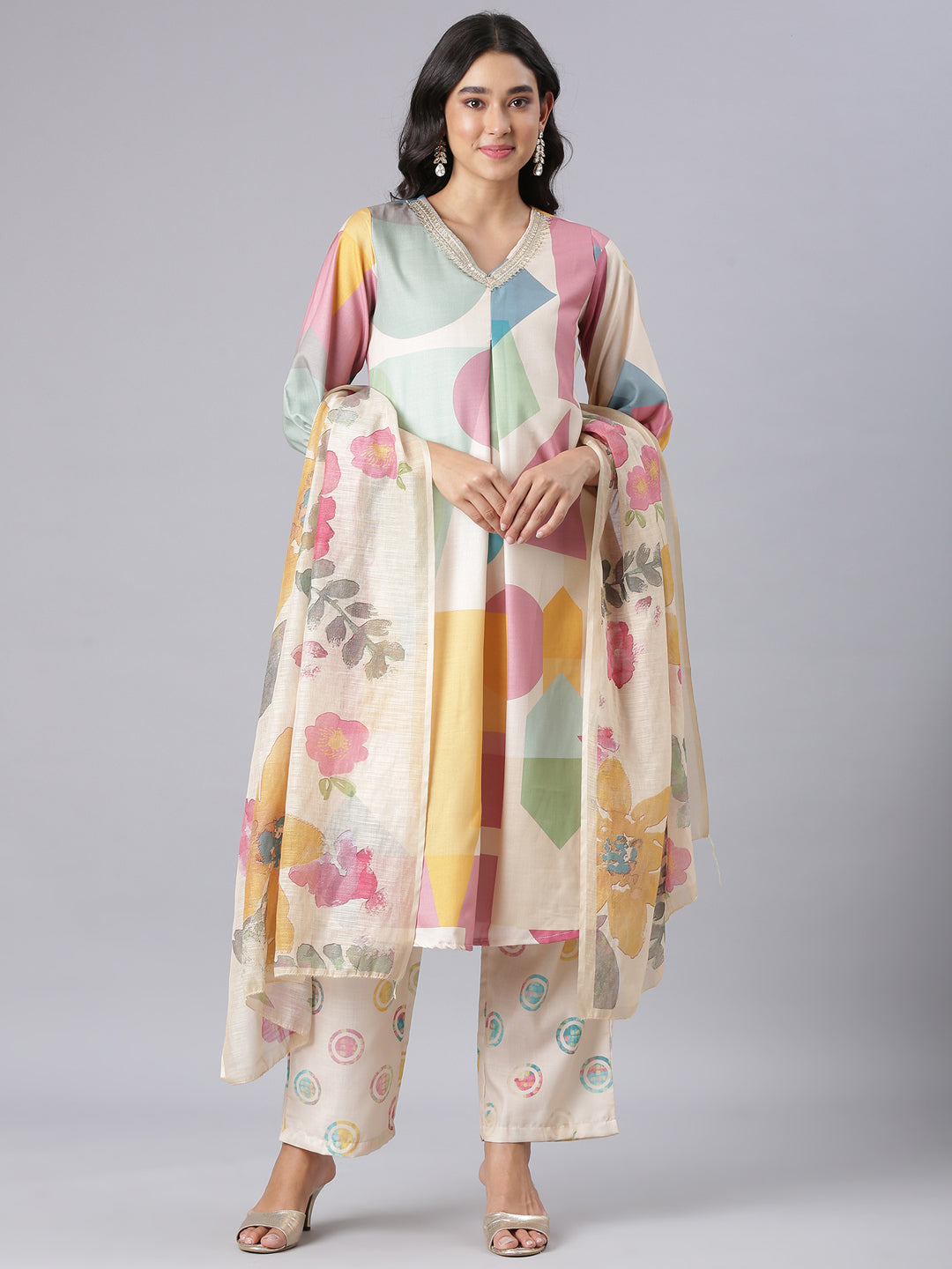 Neerus Cream Printed Kurta And Trousers With Dupatta