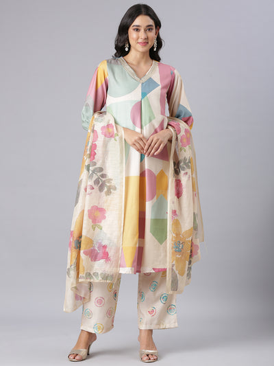 Neerus Cream Printed Kurta And Trousers With Dupatta