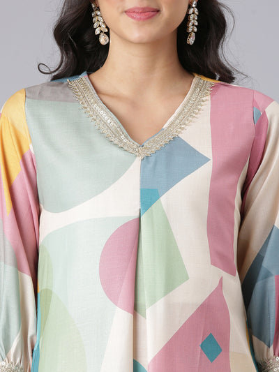 Neerus Cream Printed Kurta And Trousers With Dupatta