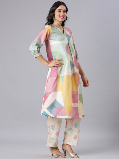 Neerus Cream Printed Kurta And Trousers With Dupatta