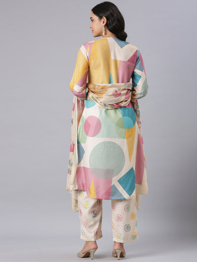 Neerus Cream Printed Kurta And Trousers With Dupatta