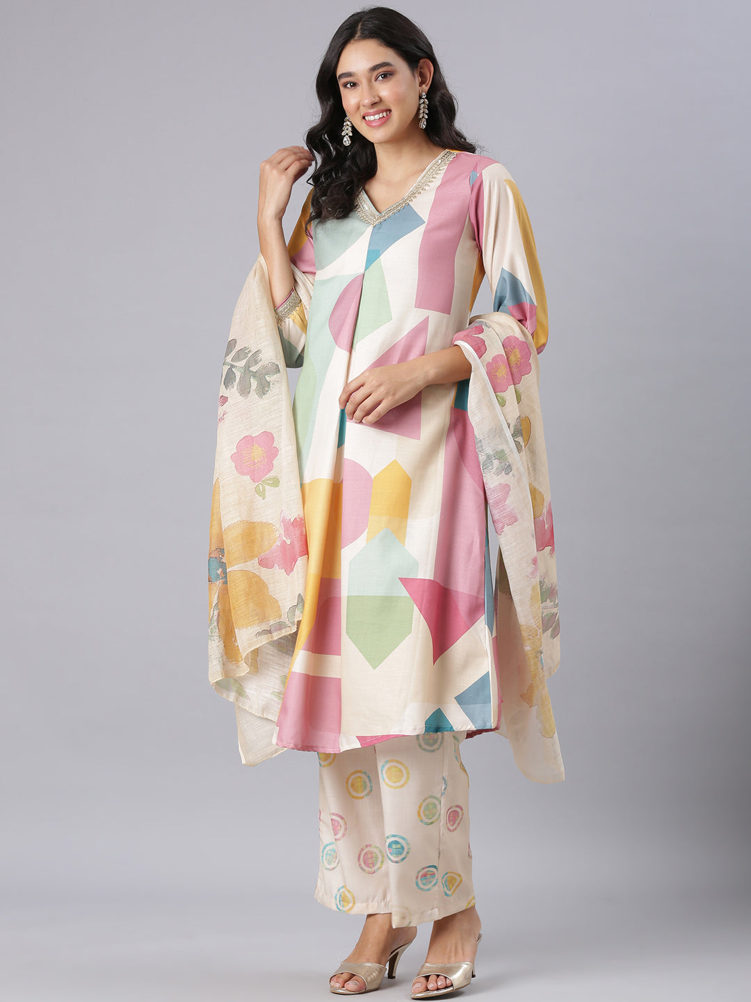 Neerus Cream Printed Kurta And Trousers With Dupatta