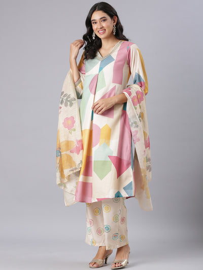 Neerus Cream Printed Kurta And Trousers With Dupatta