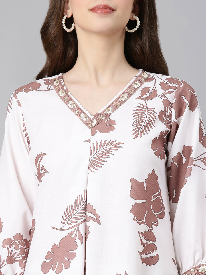 Neerus Brown Printed Straight Kurta and Trousers With Dupatta