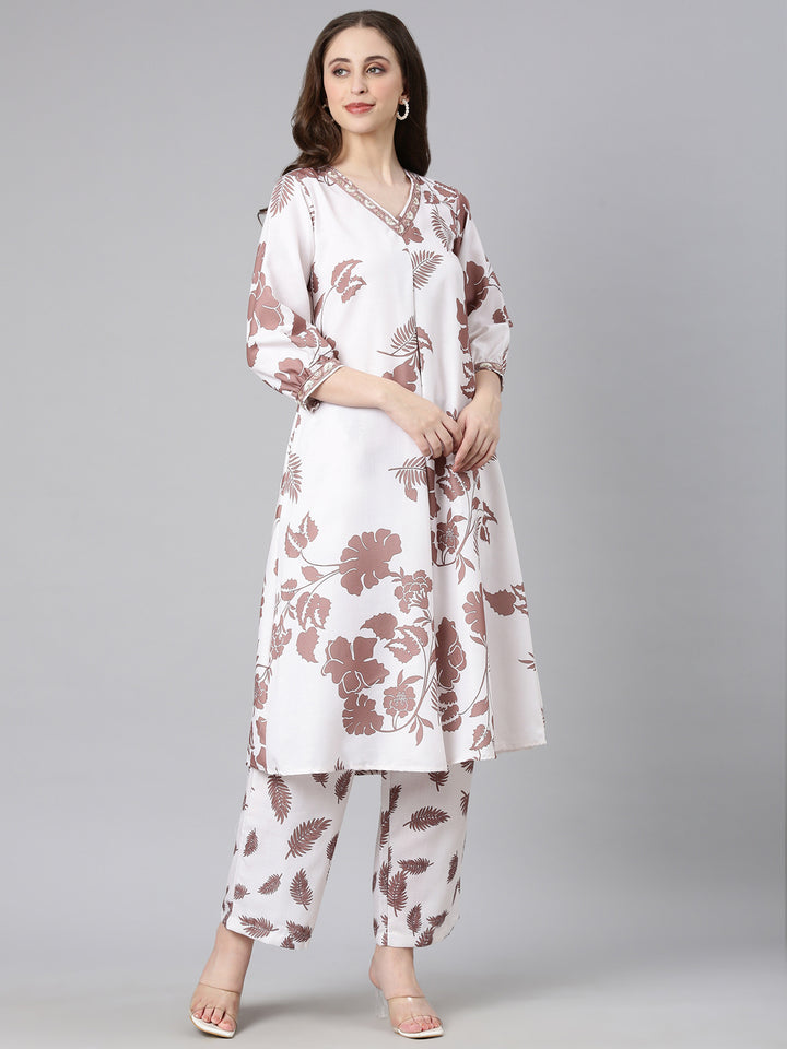 Neerus Brown Printed Straight Kurta and Trousers With Dupatta