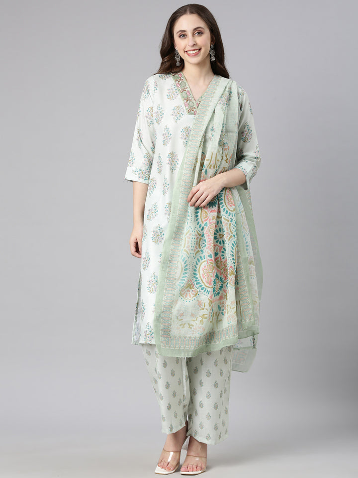 Neerus Pista Printed Straight Kurta and Trousers With Dupatta