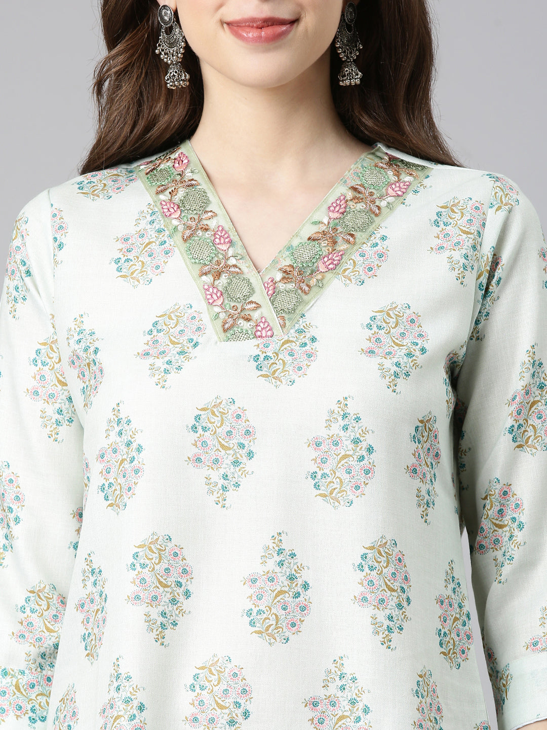 Neerus Pista Printed Straight Kurta and Trousers With Dupatta