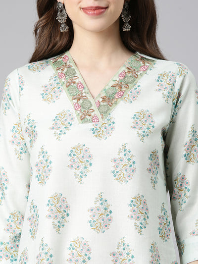 Neerus Pista Printed Straight Kurta and Trousers With Dupatta