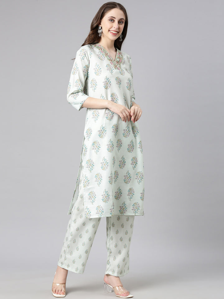 Neerus Pista Printed Straight Kurta and Trousers With Dupatta