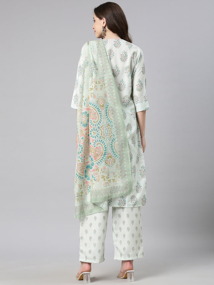 Neerus Pista Printed Straight Kurta and Trousers With Dupatta