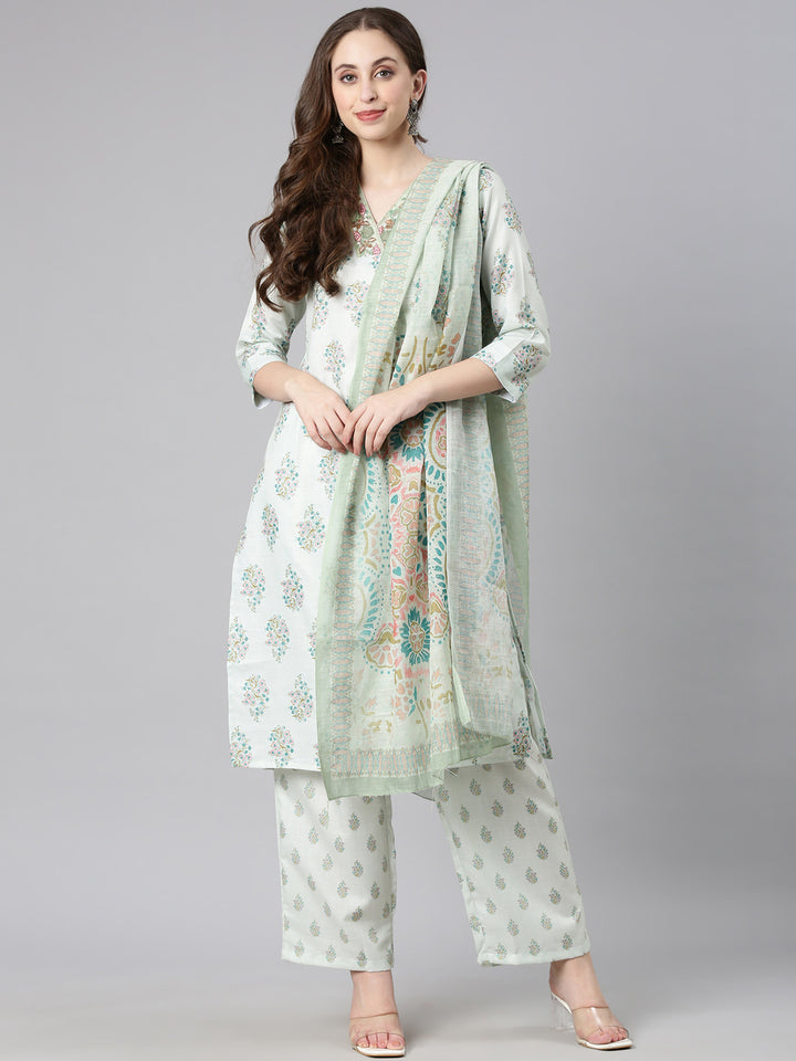Neerus Pista Printed Straight Kurta and Trousers With Dupatta