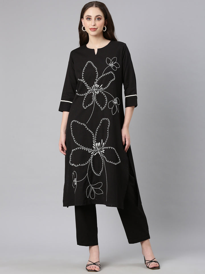Neerus Black Embroidered Straight Kurta and Trousers