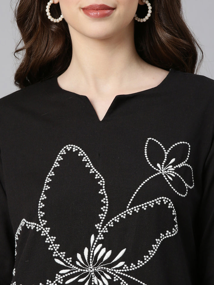 Neerus Black Embroidered Straight Kurta and Trousers