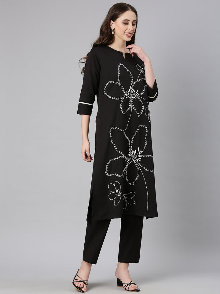 Neerus Black Embroidered Straight Kurta and Trousers