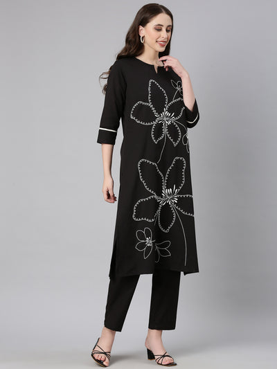 Neerus Black Embroidered Straight Kurta and Trousers